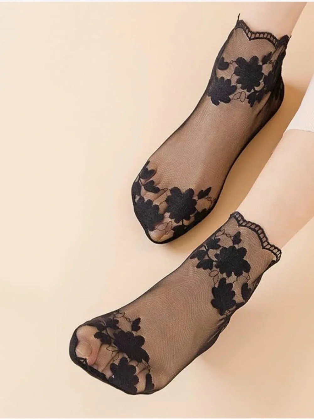 3 Pairs Black Sheer Floral Lace Ankle Socks Non-Slip Sole
